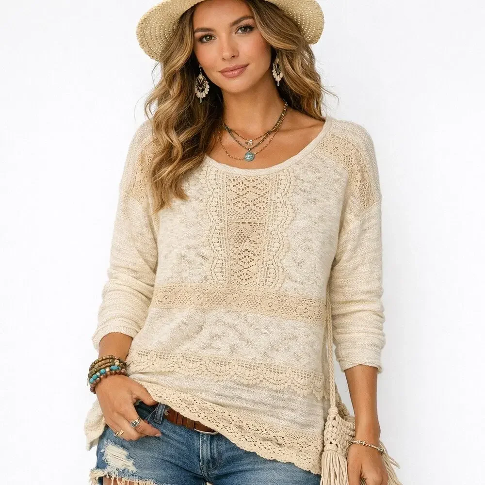 Anthropologie One September Women Long Sleeve Top Size L Cream Crochet Trim Boho